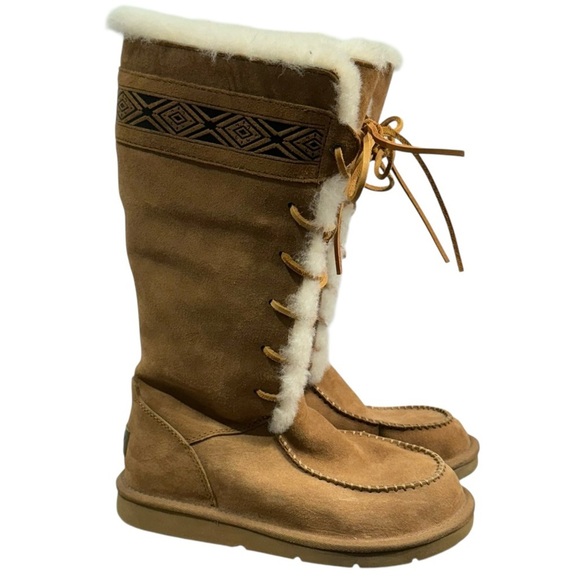 Ugg Sz 6 Tularosa Tall Boots Chestnut Suede Shearling Wool Lace Up Cozy Winter - Picture 1 of 12